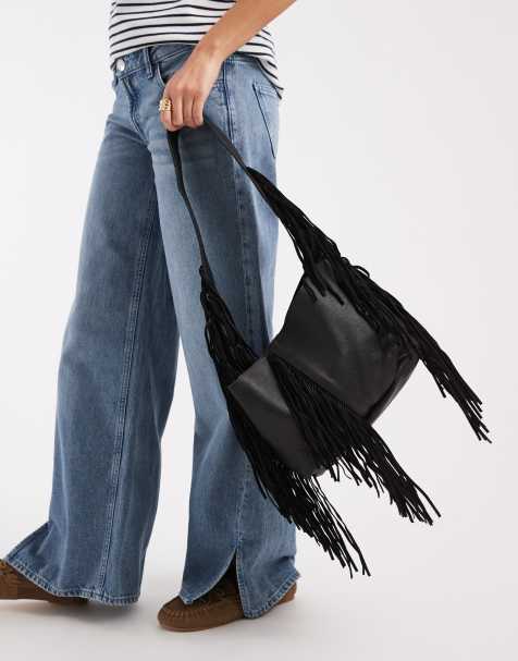 Mango Teen 100% leather tassle detail shoulder bag in black - view 1
