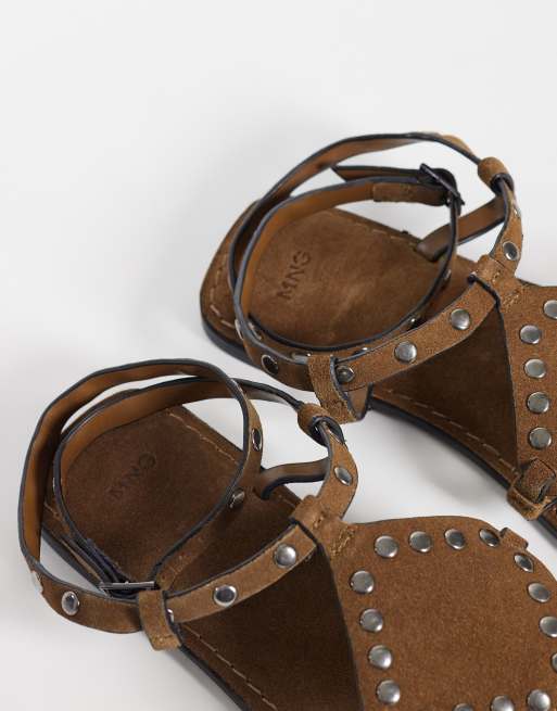 Mango Teen 100% suede leather studded flat sandal in brown, 3 of 4