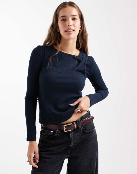 Mango Teen 2 in 1 long sleeve top in navy 