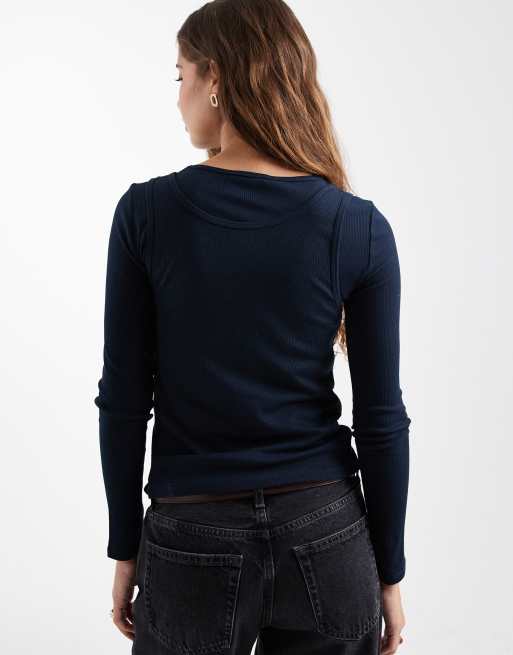 Mango Teen 2 in 1 long sleeve top in navy , 3 of 4