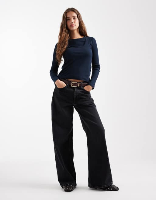 Mango Teen 2 in 1 long sleeve top in navy , 4 of 4