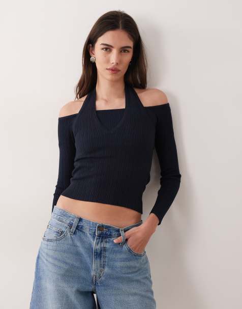 Mango Teen 2 in 1 long sleeve top in navy