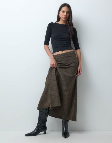 Mango Teen a line midi skirt in green check print