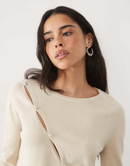 Mango Teen asymmetric button detailing cardigan in sand, 2 of 4