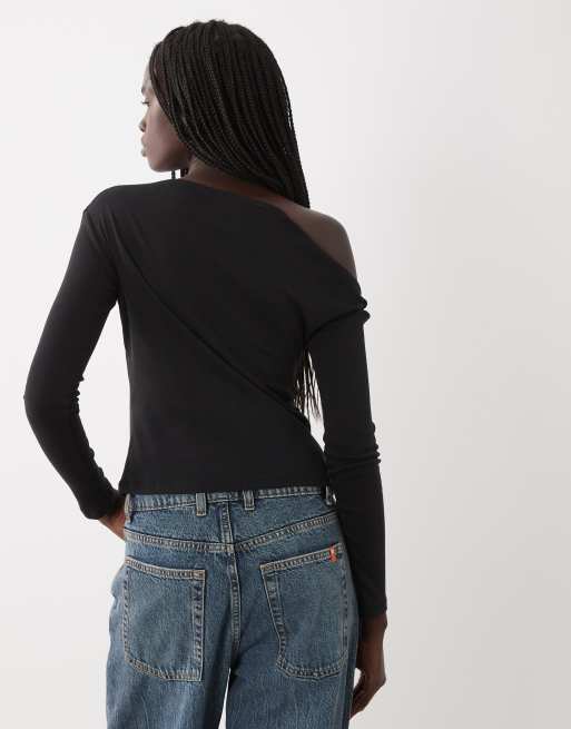 Mango Teen asymmetric long sleeve t-shirt in black, 4 of 4