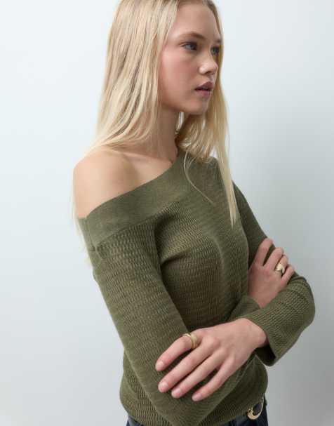 Mango Teen asymmetric neck jumper in khaki - view 1