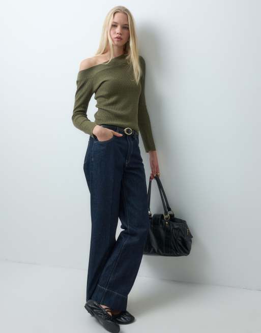 Mango Teen asymmetric neck jumper in khaki, 2 of 4