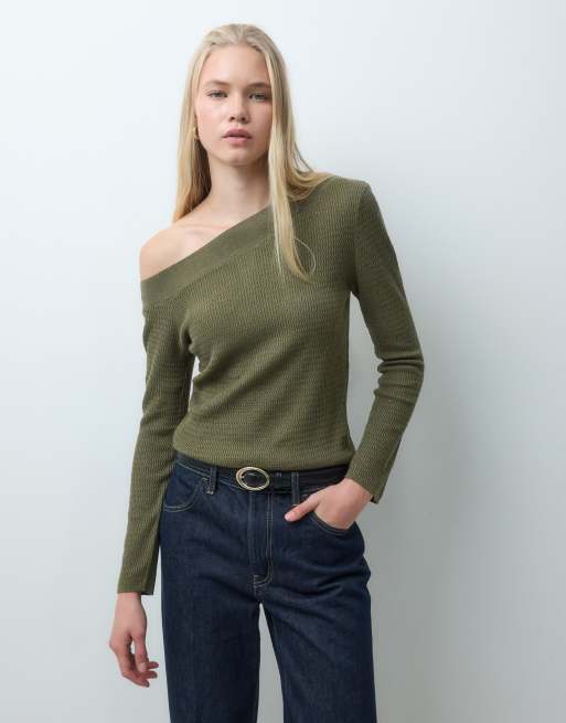 Mango Teen asymmetric neck jumper in khaki, 3 of 4