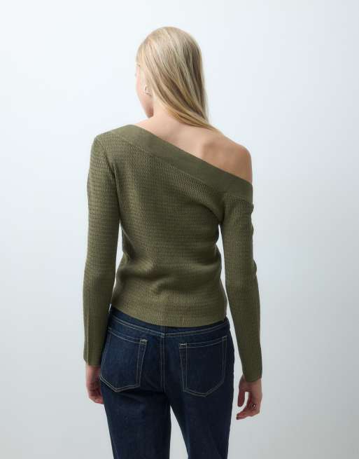 Mango Teen asymmetric neck jumper in khaki, 4 of 4