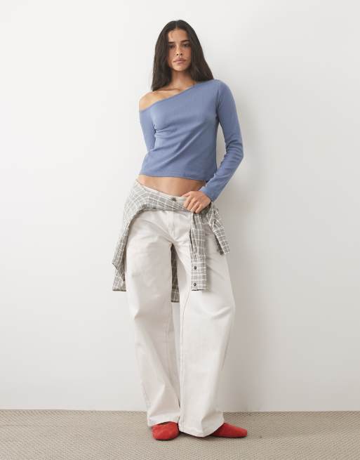 Mango Teen asymmetric neck long sleeve top in blue, 2 of 4