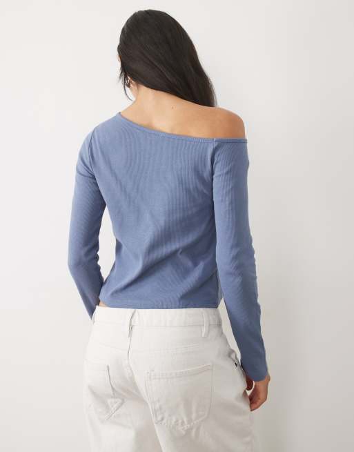 Mango Teen asymmetric neck long sleeve top in blue, 3 of 4