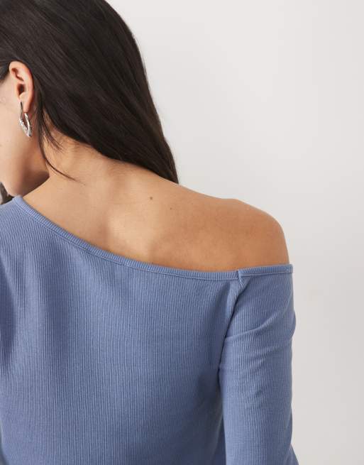 Mango Teen asymmetric neck long sleeve top in blue, 4 of 4