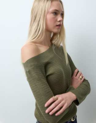 Mango Teen Asymmetric Neck Sweater In Green