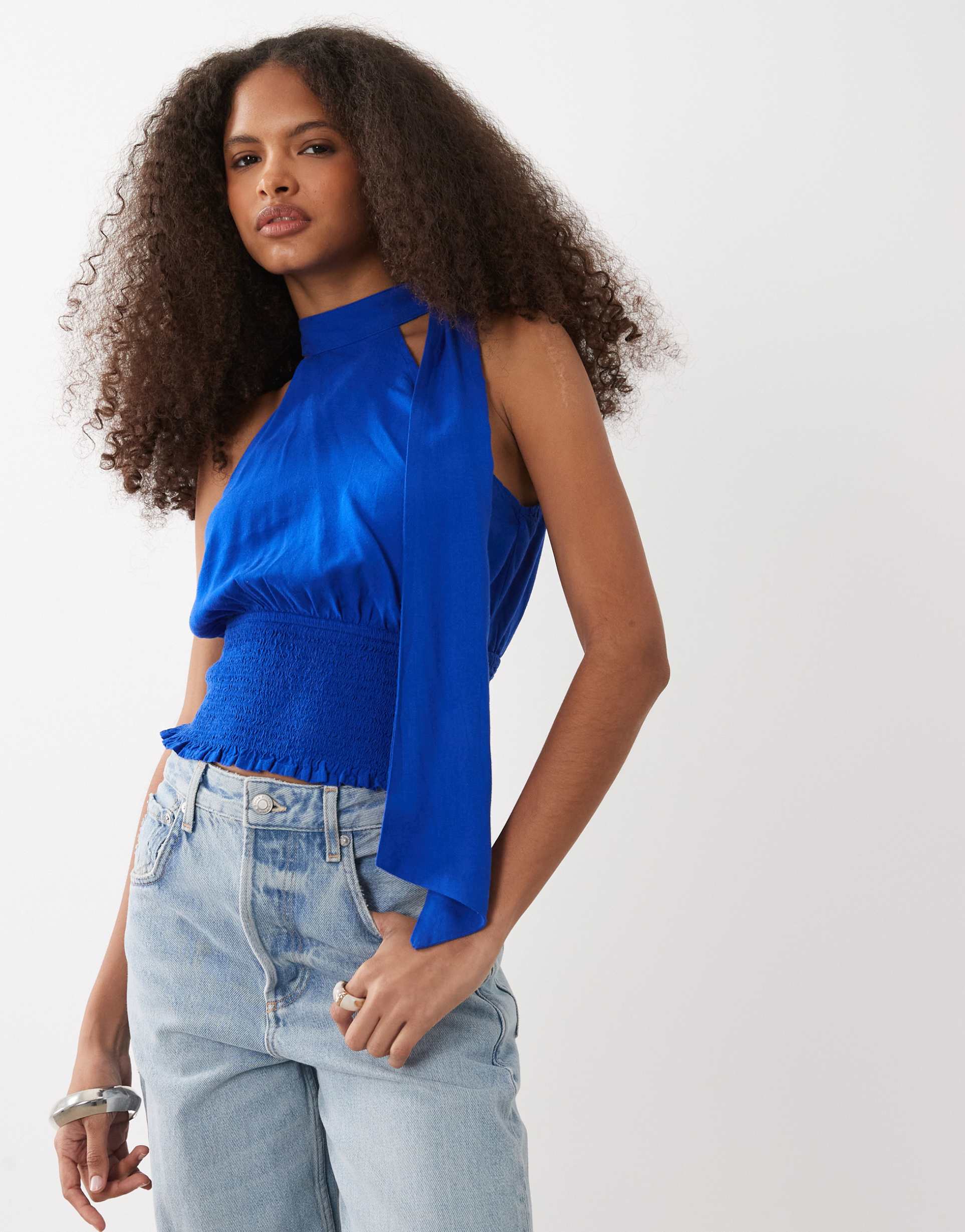 mango teen asymmetric ruched waist top in electric blue