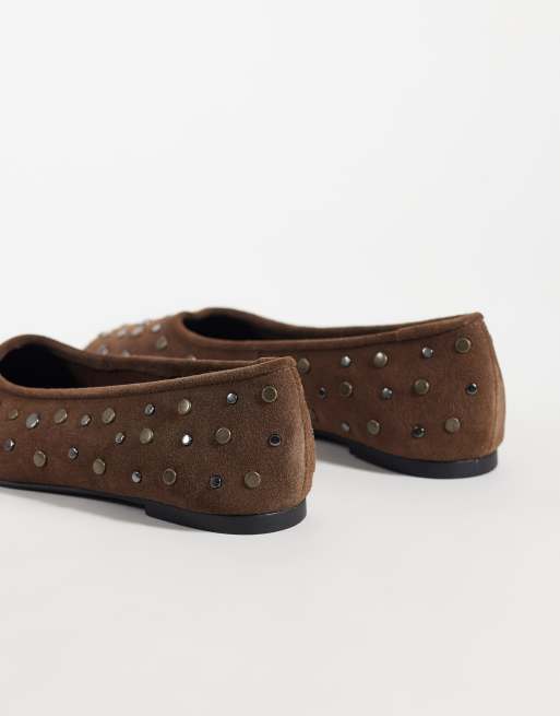 Mango Teen ballerinaskor med nitar i brunt läder, 3 av 4