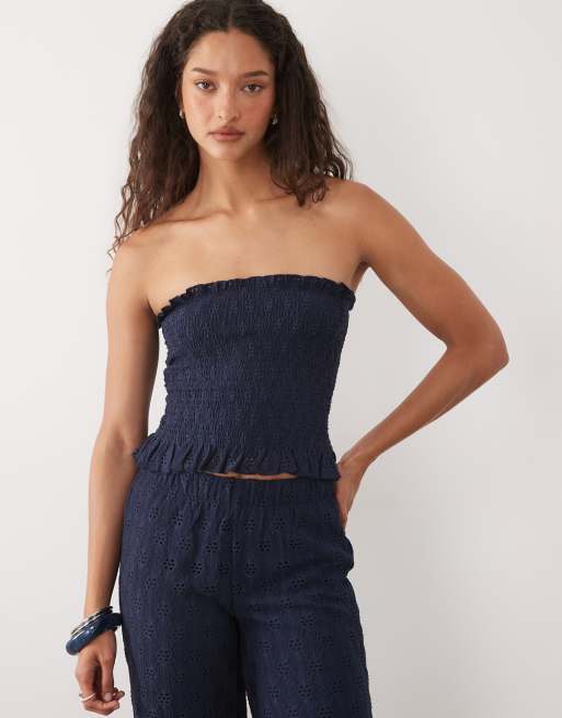 Mango - Teen - Co-ord set met bandeau-top met geborduurde bloemen en broek in marineblauw, 3 van 3