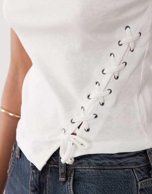 Mango – Teen – Biały krótki i obcisły T-shirt ze sznurowaniem, 3 z 4