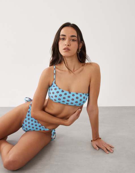 Mango - Teen - Bikini monospalla in tessuto stropicciato blu e rosa con stampa di sole - view 1