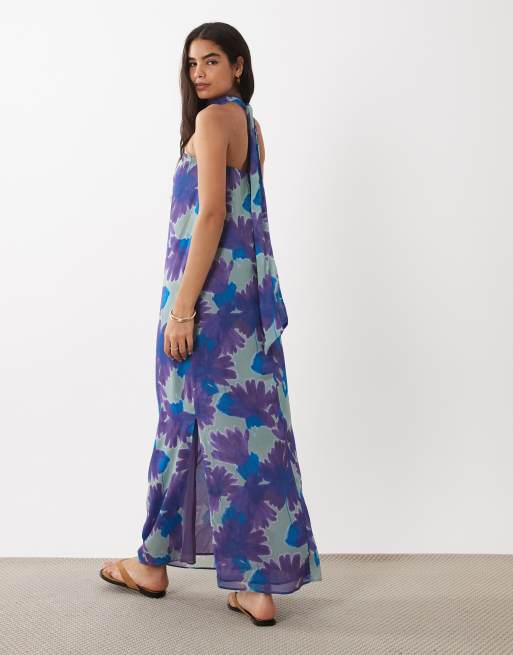 Mango - Teen - Blå offshoulder-maxikjole med detalje i halsen og sløret blomstermønster, 4 af 4