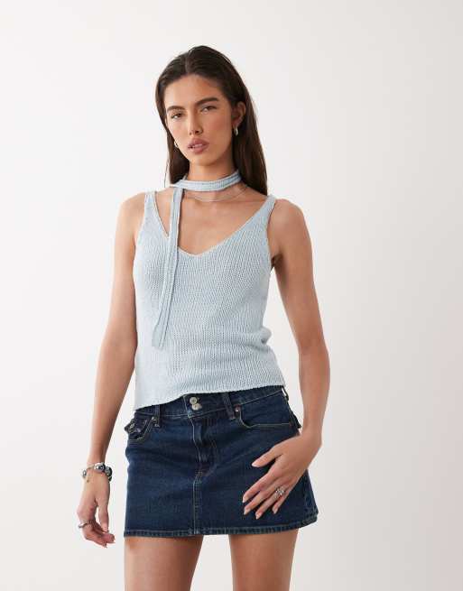 Mango – Teen – Bladoniebieski dzianinowy podkoszulek z szalikiem, 3 z 4