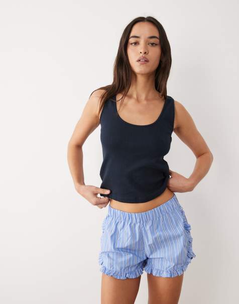 Mango - Teen - Blåt pyjamassæt med overdel og shorts med flæser - view 1