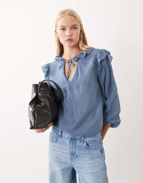 Mango Teen bluse med flæser i blå - view 1