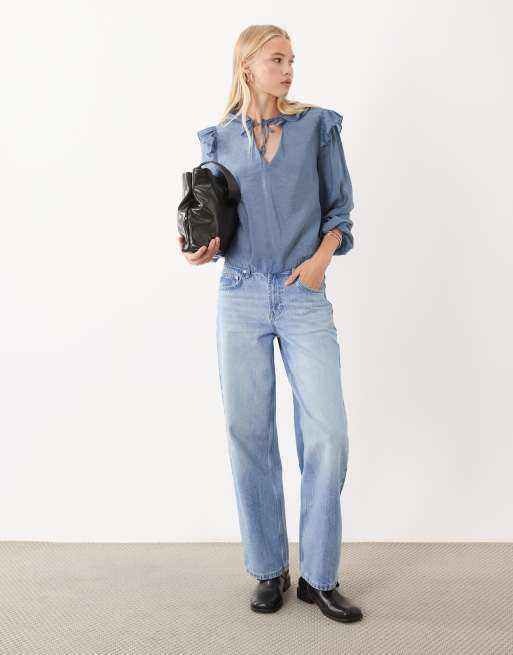 Mango Teen bluse med flæser i blå, 4 af 4