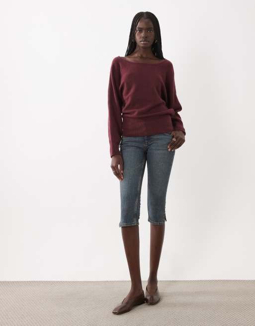Mango Teen boat neck knitted top in burgundy, 3 of 4