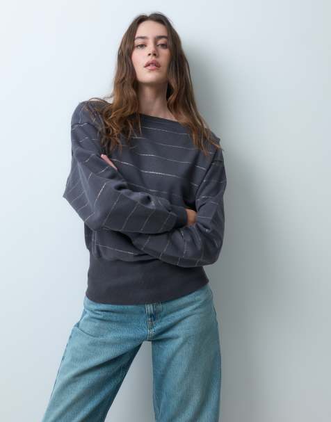 Mango Teen boat neck knitted top with cinched waist in grey and white stripe