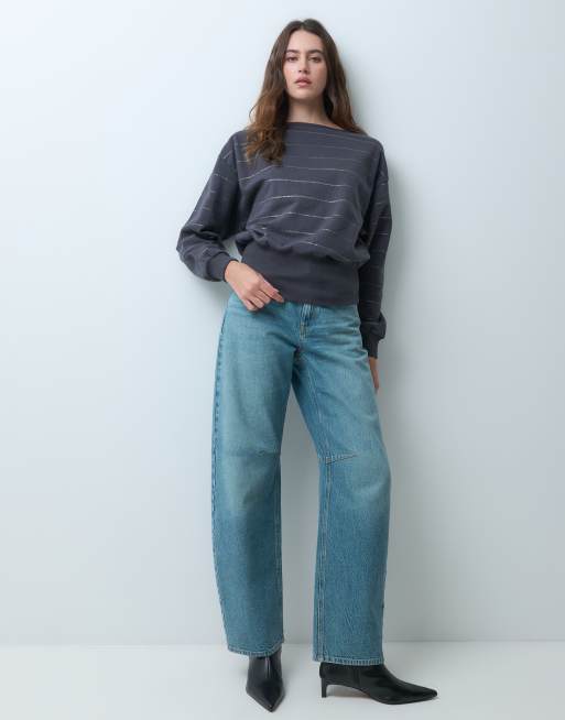 Mango Teen boat neck knitted top with cinched waist in grey and white stripe, 2 of 4
