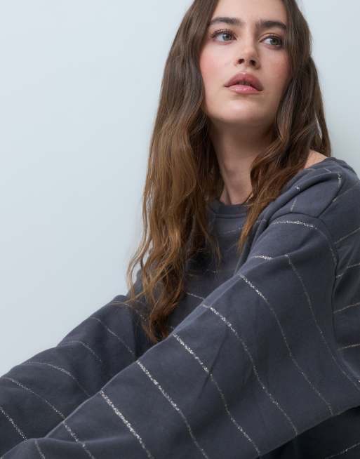 Mango Teen boat neck knitted top with cinched waist in grey and white stripe, 3 of 4