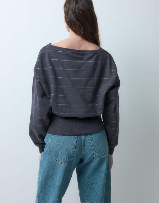 Mango Teen boat neck knitted top with cinched waist in grey and white stripe, 4 of 4