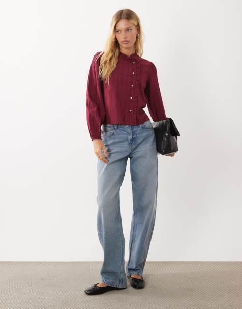 Mango Teen button detail blouse in burgundy check - view 1