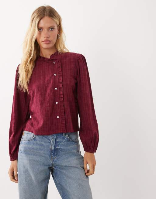 Mango Teen button detail blouse in burgundy check, 2 of 4