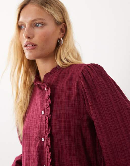 Mango Teen button detail blouse in burgundy check, 3 of 4