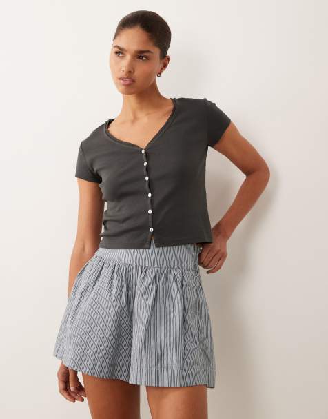 Mango Teen button through v neck t-shirt in charcoal - view 1