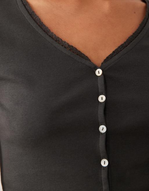 Mango Teen button through v neck t-shirt in charcoal, 3 of 4