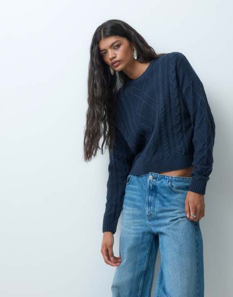 Mango Teen cable knit jumper in navy - view 1