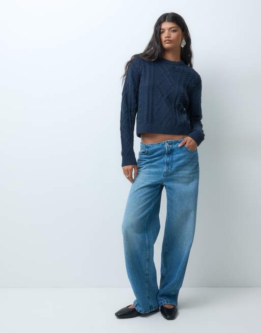 Mango Teen cable knit jumper in navy, 3 of 5