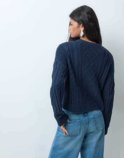 Mango Teen cable knit jumper in navy, 4 of 5