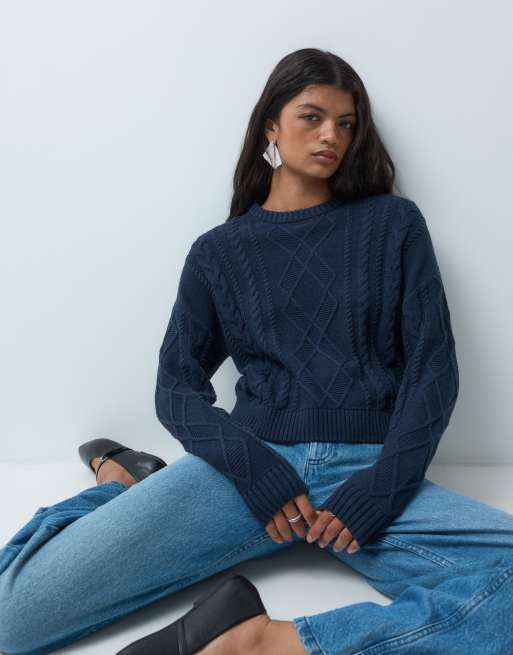 Mango Teen cable knit sweater in navy, 2 of 5