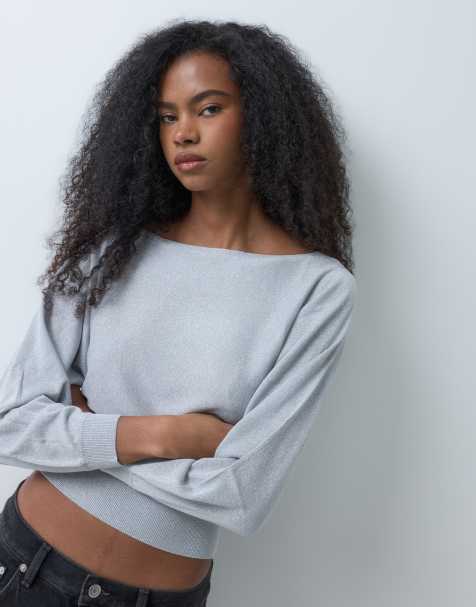 Mango Teen cinched waist boat neck knitted top in grey - view 1