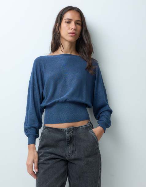 Mango Teen cinched waist boat neck knitted top in petrol blue - view 1