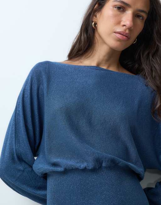 Mango Teen cinched waist boat neck knitted top in petrol blue, 2 of 4