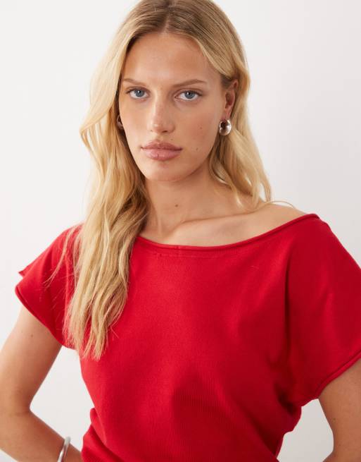 Mango Teen cinched waist short sleeve knitted top in red, 4 of 4