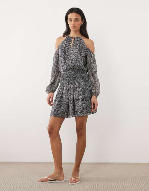 Mango Teen cold shoulder ruffle mini dress in navy floral print - view 1