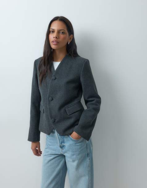 Mango Teen collarless blazer in gray - view 1