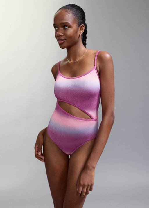 Mango Teen - Costume da bagno con cut-out rosa e blu con stampa glitterata, 2 di 4