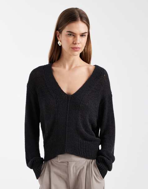 Mango Teen cotton mix seam detail v neck jumper in charcoal