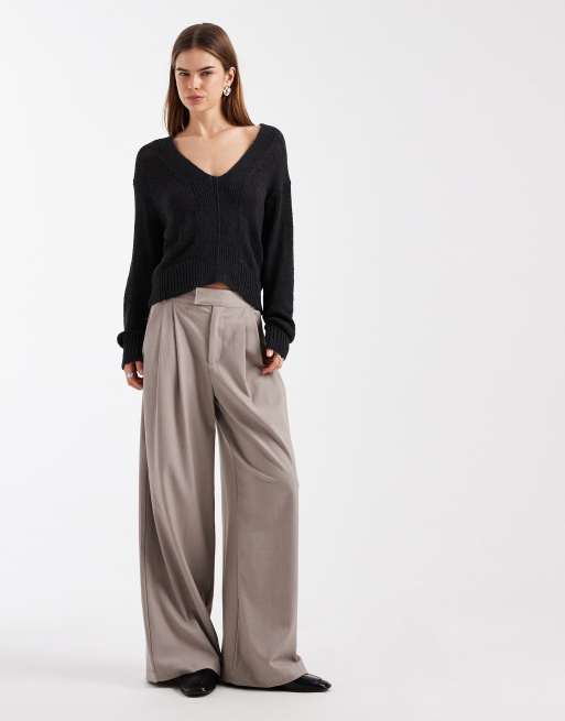 Mango Teen cotton mix seam detail v neck jumper in charcoal, 3 of 4